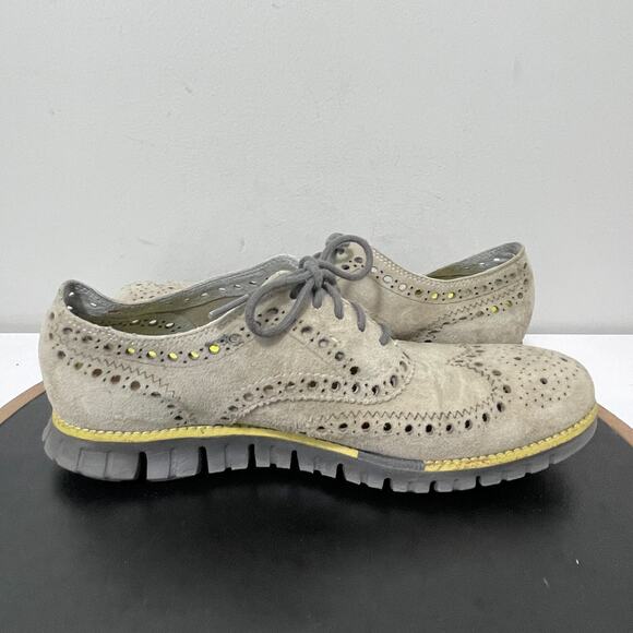 Cole Haan Suede Leather Wingtip Oxford Dress Shoes Men 9M Perforated Tan Casual - Picture 7 of 12